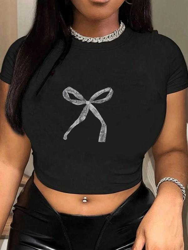 Women'WB shield Bow Print Round Neck Crop Tee, Fashion Casual Crew Neck T-shirt for Daily Holiday Vacation Outdoor Wear,...