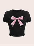Women'WB shield Bow Print Round Neck Crop Tee, Fashion Casual Short Sleeve T-Shirt for Daily Outdoor Wear, Ladies TNF for...