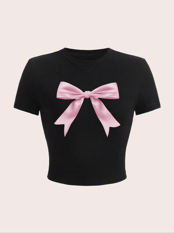 Women'WB shield Bow Print Round Neck Crop Tee, Fashion Casual Short Sleeve T-Shirt for Daily Outdoor Wear, Ladies TNF for...