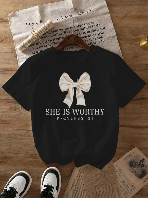 Women'WB shield Bow Print Round Neck Graphic Tee, Fashion Casual Crew Neck T-shirt for Daily Holiday Vacation Outdoor...