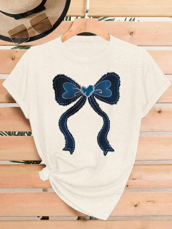 Women'WB shield Bow Print Round Neck Tee, Fashion Casual Crew Neck T-Shirt for Daily Holiday Vacation Outdoor Wear,...