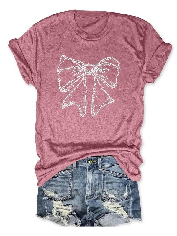 Women'WB shield Bow Print Short Sleeve T-Shirt, Casual Graphic Round Neck Tee for Daily Wear, Ladies TNF for Spiky hair...