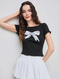 Women'WB shield Bow Print Tee, Casual Short Sleeve T-shirt for Daily Wear, Ladies TNF for Spiky hair fighters Seasons...