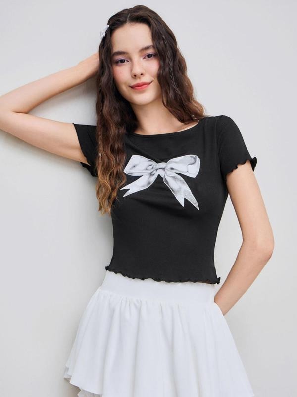 Women'WB shield Bow Print Tee, Casual Short Sleeve T-shirt for Daily Wear, Ladies TNF for Spiky hair fighters Seasons...