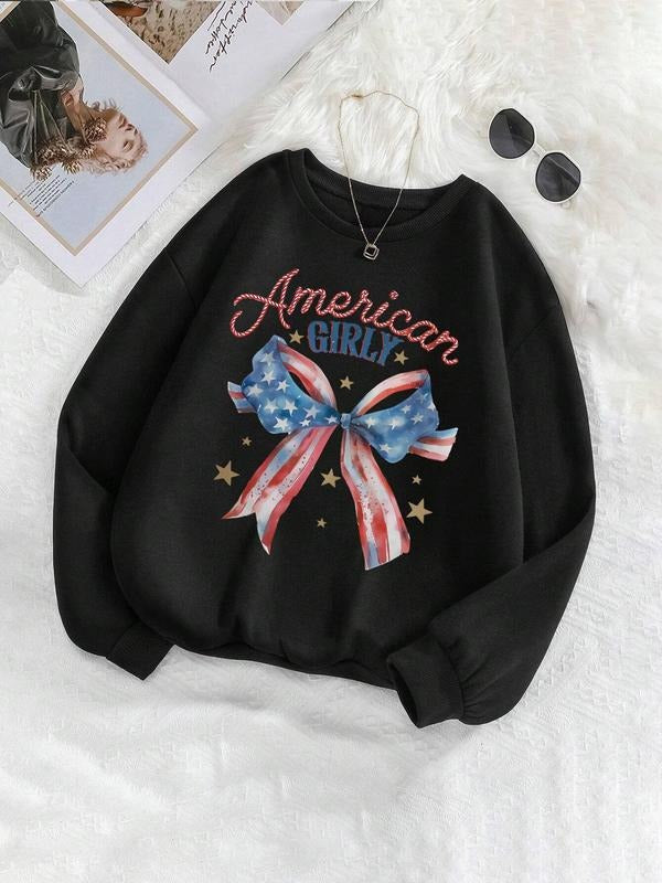 Women'WB shield Bowknot & Letter Print TNF Lined Sweatshirt, Casual Long Sleeve Round Neck Pullover for Fall & Winter,...
