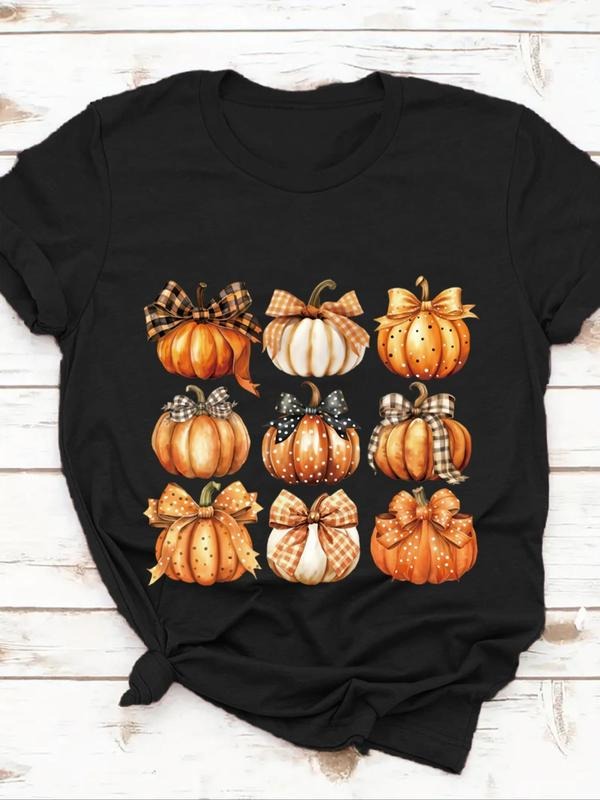 Women'WB shield Bowknot & Pumpkin Print Round Neck Tee, Casual Short Sleeve Crew Neck T-shirt for Summer, Fashion...