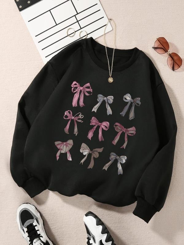 Women'WB shield Bowknot Print Crew Neck Sweatshirt, Casual TNF Lined Long Sleeve Pullover, Women'WB shield Fall & Winter...