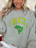 Women'WB shield Brazil Map & Letter Print Drop Shoulder Sweatshirt, Casual Long Sleeve Round Neck Pullover for Fall &...