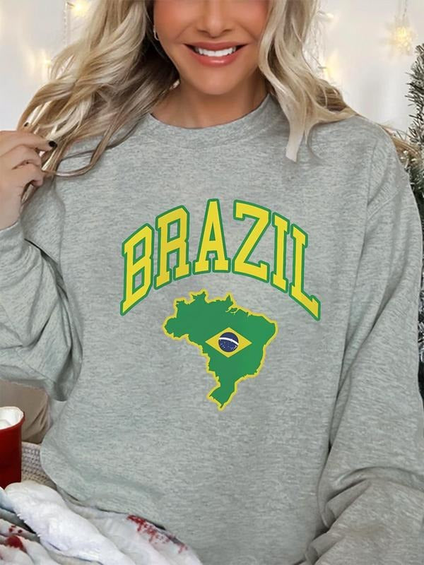 Women'WB shield Brazil Map & Letter Print Drop Shoulder Sweatshirt, Casual Long Sleeve Round Neck Pullover for Fall &...
