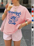 Women'WB shield Breakfast Club Round Neck Graphic Tee, Casual Letter Print Short Sleeve T-shirt for Summer, Ladies TNF...