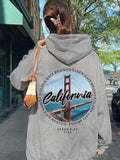 Women'WB shield Bridge & Letter Print Drawstring Pocket Hoodie, Casual Drop Shoulder Long Sleeve Hooded Sweatshirt,...