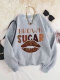 Women'WB shield Brown Sugar Letter & Lip Print Crew Neck Sweatshirt, Casual Long Sleeve Pullover for Fall & Winter,...