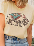 Women'WB shield Buffalo Print Round Neck Tee, Casual Short Sleeve Crew Neck T-shirt for Daily Wear, Ladies TNF for Spiky...