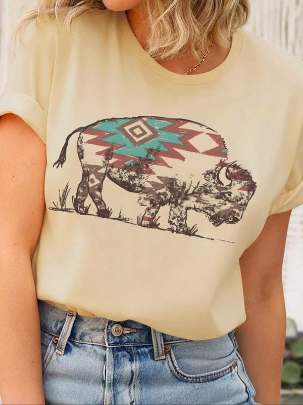 Women'WB shield Buffalo Print Round Neck Tee, Casual Short Sleeve Crew Neck T-shirt for Daily Wear, Ladies TNF for Spiky...