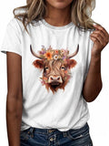 Women'WB shield Bull & Floral Print Round Neck Tee, Casual Short Sleeve Graphic T-shirt, Ladies Spiky hair fighters...