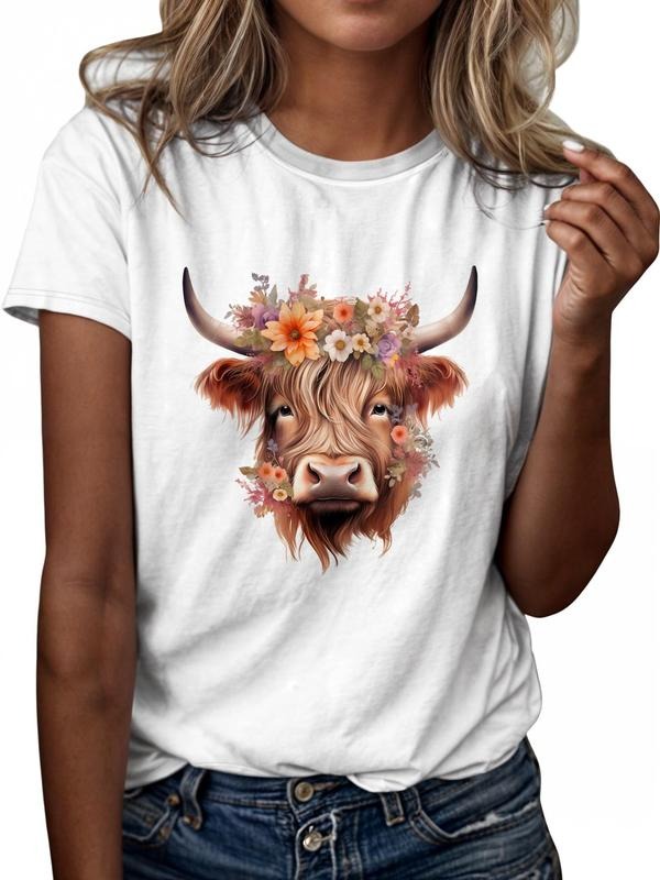 Women'WB shield Bull & Floral Print Round Neck Tee, Casual Short Sleeve Graphic T-shirt, Ladies Spiky hair fighters...