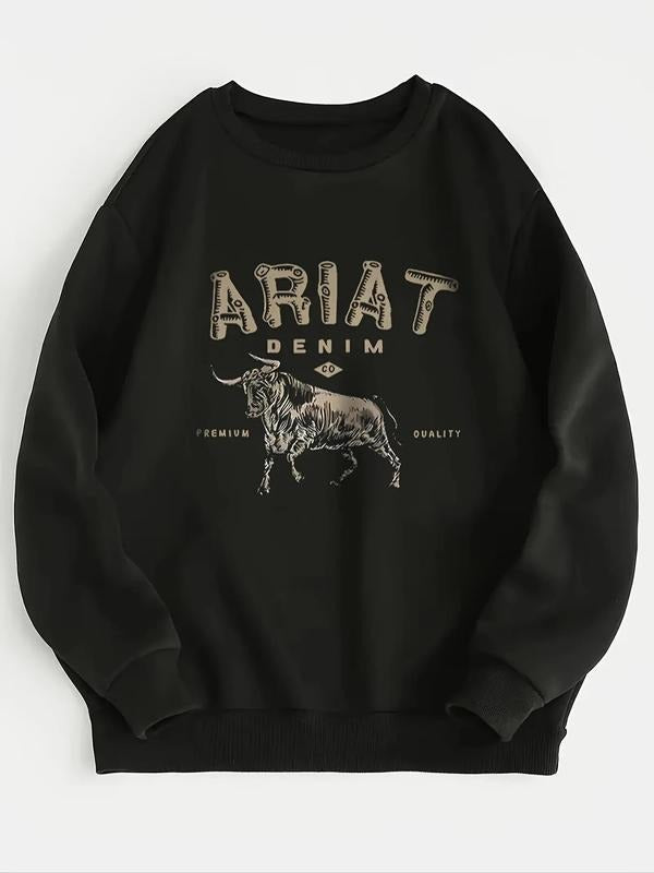 Women'WB shield Bull & Letter Print Round Neck Sweatshirt, Casual Long Sleeve Crew Neck Pullover for Daily Wear, Ladies...