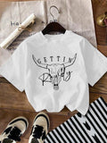 Women'WB shield Bull Head & Letter Print Round Neck Tee, Fashion Casual Drop Shoulder Short Sleeve T-shirt, Ladies Summer...