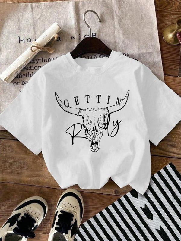 Women'WB shield Bull Head & Letter Print Round Neck Tee, Fashion Casual Drop Shoulder Short Sleeve T-shirt, Ladies Summer...