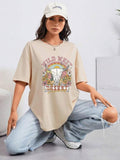 Women'WB shield Bull Head & Letter Print Round Neck Tee, Trendy Casual Drop Shoulder Half Sleeve T-shirt for Daily Wear,...