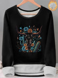 Women'WB shield Bull Head & Plants Print TNF Lined Tee, Casual Long Sleeve Round Neck T-shirt for Fall & Winter, Ladies...