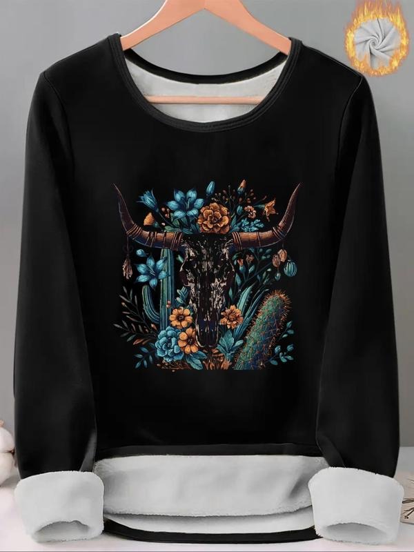 Women'WB shield Bull Head & Plants Print TNF Lined Tee, Casual Long Sleeve Round Neck T-shirt for Fall & Winter, Ladies...