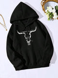 Women'WB shield Bull Head Print Drop Shoulder Hoodie, Fashion Casual Drawstring Pocket Hooded Sweatshirt for Daily...