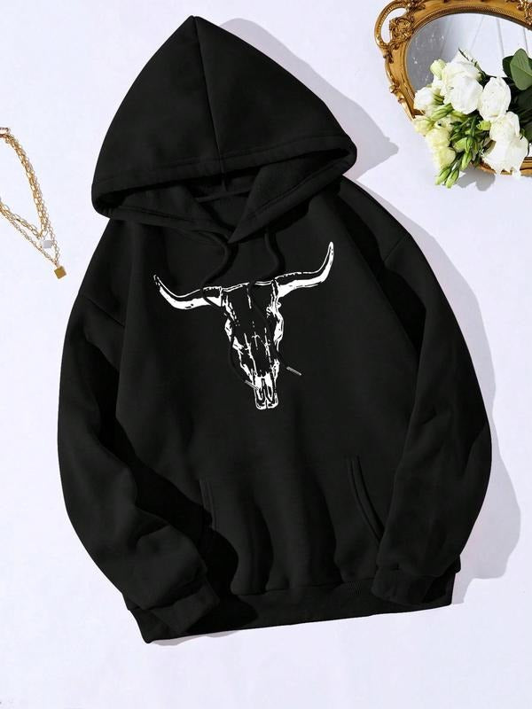 Women'WB shield Bull Head Print Drop Shoulder Hoodie, Fashion Casual Drawstring Pocket Hooded Sweatshirt for Daily...