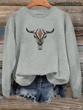 Women'WB shield Bull Head Print Drop Shoulder Sweatshirt, Casual Long Sleeve Round Neck Pullover for Fall & Winter,...