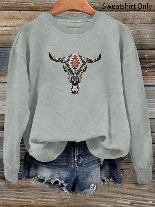 Women'WB shield Bull Head Print Drop Shoulder Sweatshirt, Casual Long Sleeve Round Neck Pullover for Fall & Winter,...