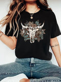 Women'WB shield Bull Head Print Round Neck Graphic Tee, Vintage Trendy Casual Short Sleeve T-shirt for Daily Wear, Ladies...