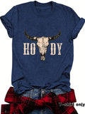 Women'WB shield Bull Head Print Round Neck Tee, Casual Short Sleeve Crew Neck T-shirt for Spring, Fashion Women'WB shield...