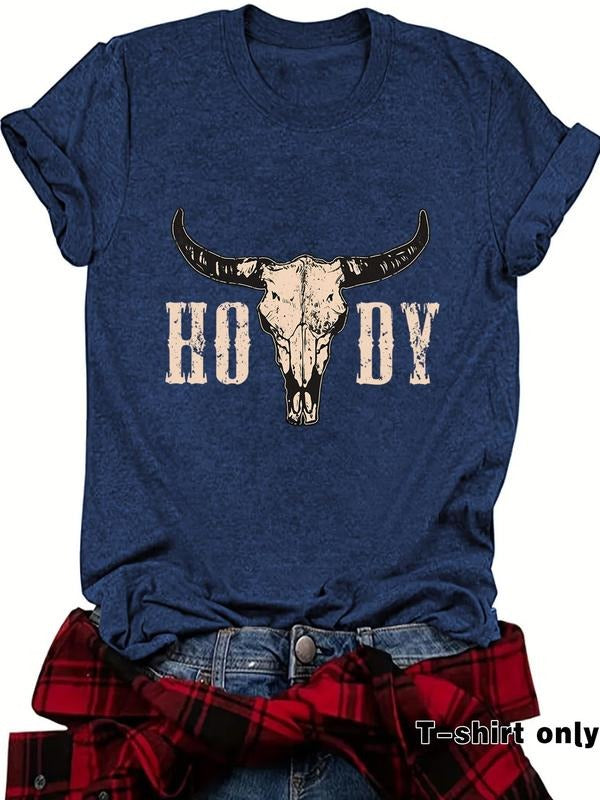 Women'WB shield Bull Head Print Round Neck Tee, Casual Short Sleeve Crew Neck T-shirt for Spring, Fashion Women'WB shield...