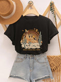 Women'WB shield Butterfly & Cactus Graphic Round Neck Tee, Casual Short Sleeve T-shirt for Summer, Ladies TNF for Daily...