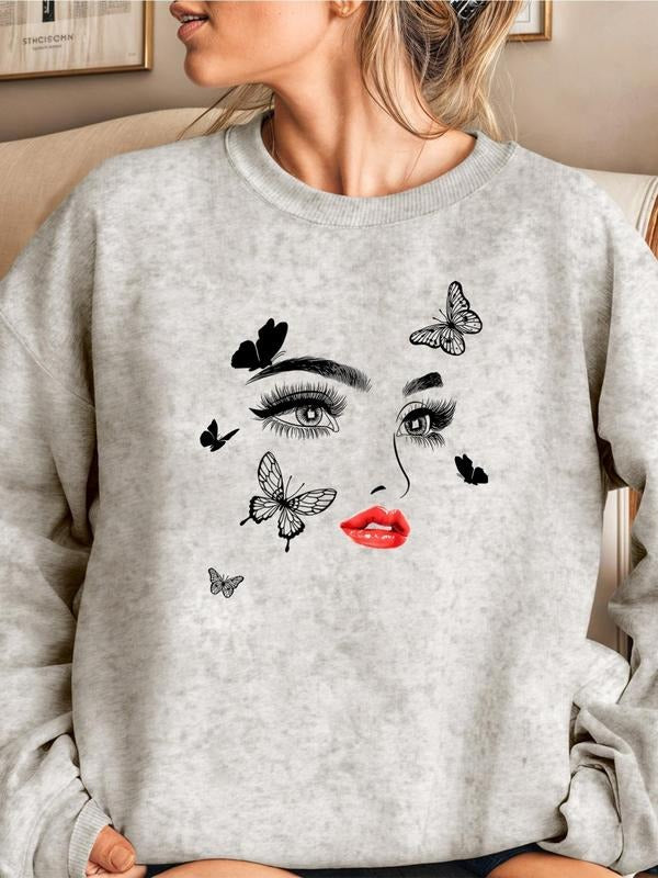 Women'WB shield Butterfly & Figure Print Drop Shoulder Sweatshirt, Casual Long Sleeve Round Neck Pullover for Daily Wear,...