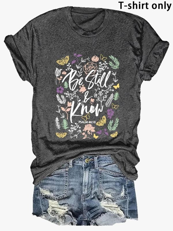 Women'WB shield Butterfly & Floral & Letter Print Round Neck Tee, Fashion Casual Short Sleeve Crew Neck T-shirt for Daily...