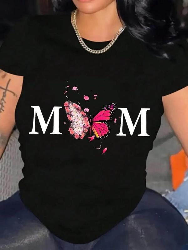 Women'WB shield Butterfly & Floral Design Mom Letter Print Tee, Casual Short Sleeve Round Neck T-shirt for Summer, Ladies...