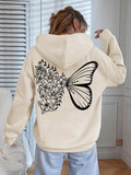 Women'WB shield Butterfly & Floral Print Drop Shoulder Hoodie, Casual Fashion Drawstring Pocket Hooded Sweatshirt for...