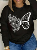 Women'WB shield Butterfly & Floral Print Drop Shoulder Sweatshirt, Casual Long Sleeve Round Neck Pullover for Daily Wear,...