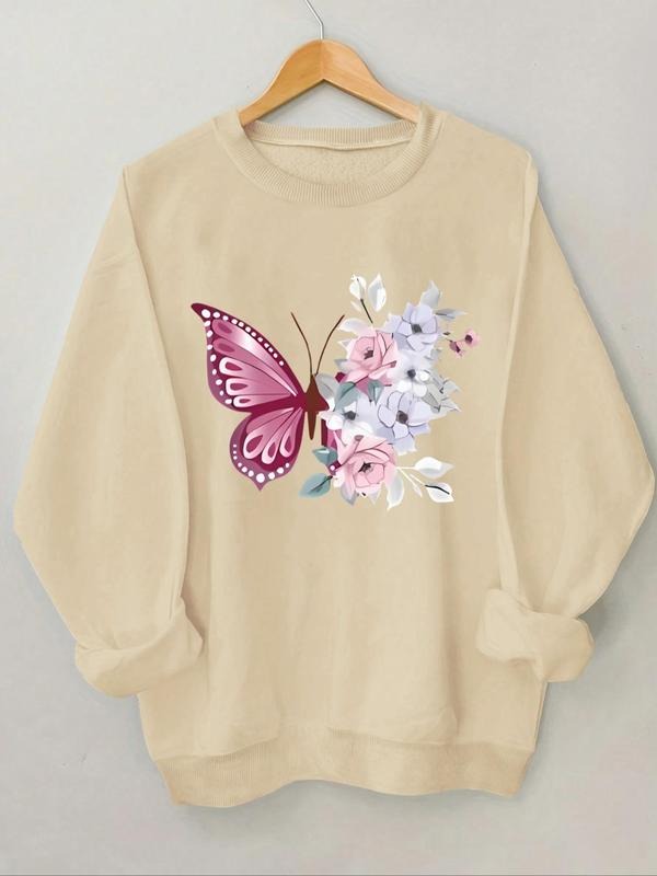 Women'WB shield Butterfly & Floral Print Drop Shoulder Sweatshirt, Casual Long Sleeve Round Neck Pullover for Spring &...