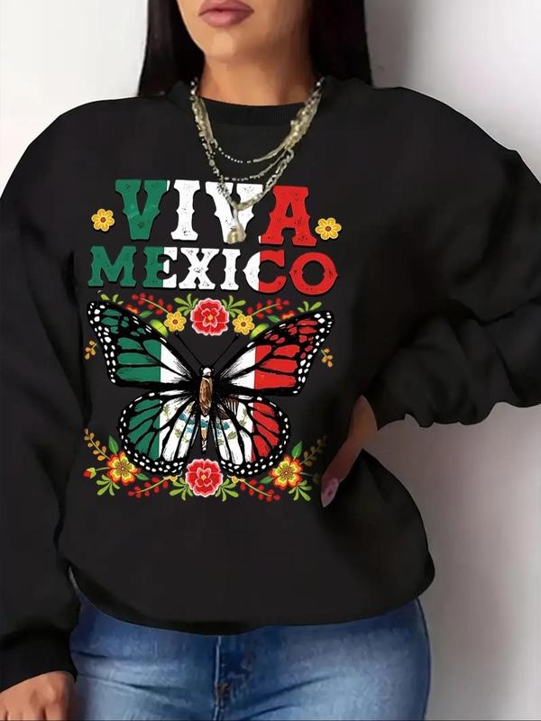 Women'WB shield Butterfly & Floral Print Round Neck Pullover, Fashion Casual Crew Neck Sweatshirt for Daily Holiday...