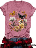 Women'WB shield Butterfly & Floral Print Round Neck Tee, Casual Letter Graphic Short Sleeve T-shirt for Summer, Ladies...