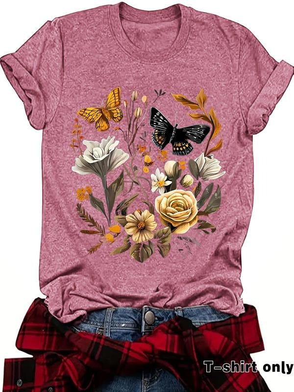 Women'WB shield Butterfly & Floral Print Round Neck Tee, Casual Letter Graphic Short Sleeve T-shirt for Summer, Ladies...