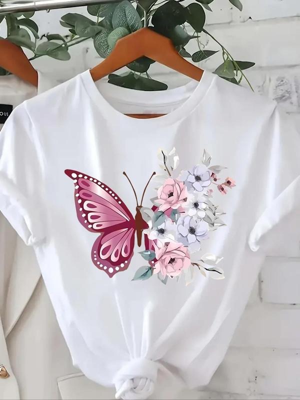 Women'WB shield Butterfly & Floral Print Round Neck Tee, Casual Short Sleeve Crew Neck T-Shirt for Daily Wear, Ladies TNF...