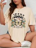 Women'WB shield Butterfly & Floral Print Round Neck Tee, Vintage Trendy Casual Letter Graphic Drop Shoulder Half Sleeve...
