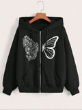 Women'WB shield Butterfly & Floral Print Zip Up Hoodie, Fashion Casual Drawstring Pocket Hooded Sweatshirt for Daily...