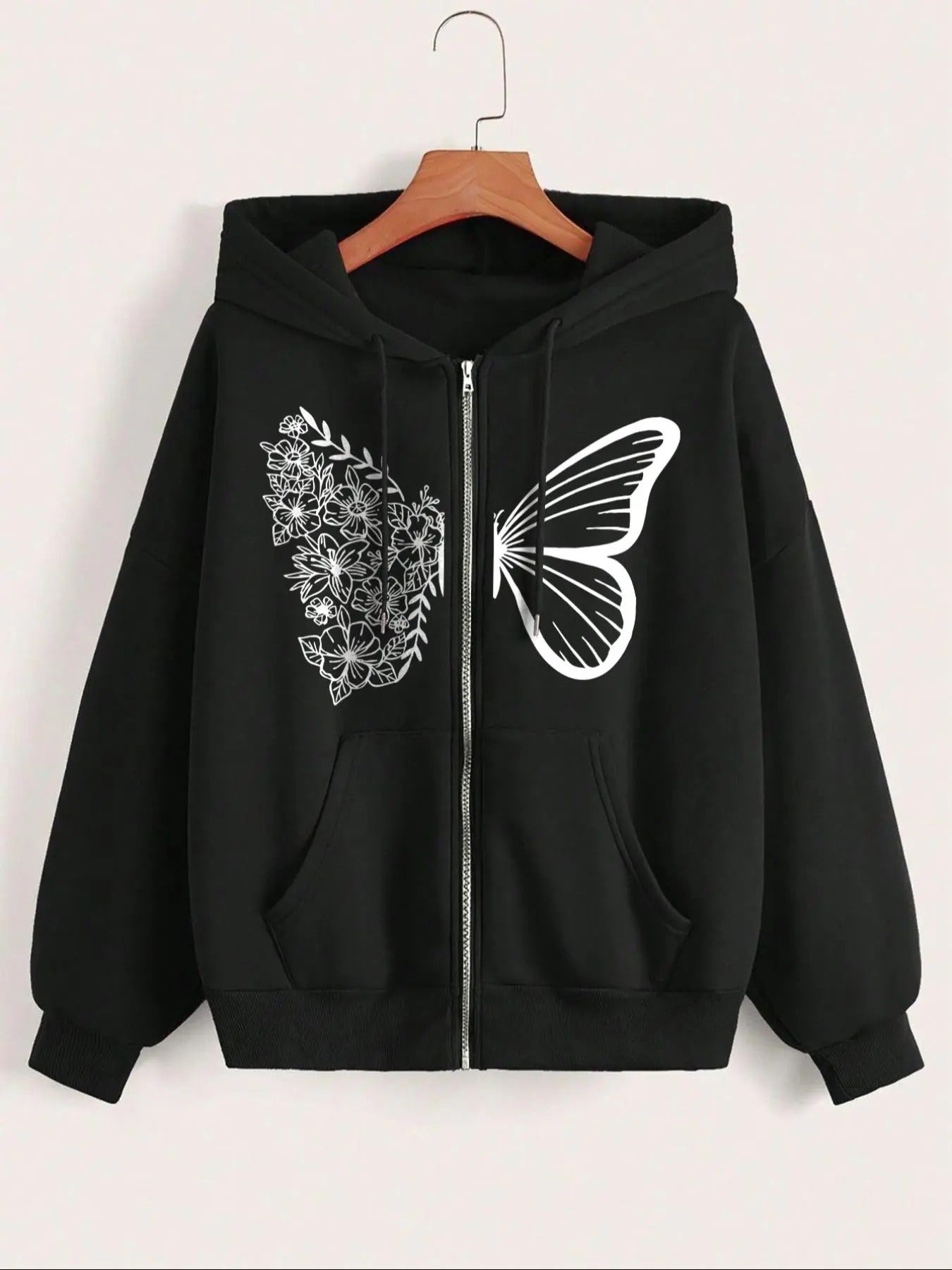 Women'WB shield Butterfly & Floral Print Zip Up Hoodie, Fashion Casual Drawstring Pocket Hooded Sweatshirt for Daily...