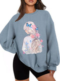 Women'WB shield Butterfly & Girl Print Drop Shoulder Sweatshirt, Casual Long Sleeve Round Neck Pullover for Daily Wear,...