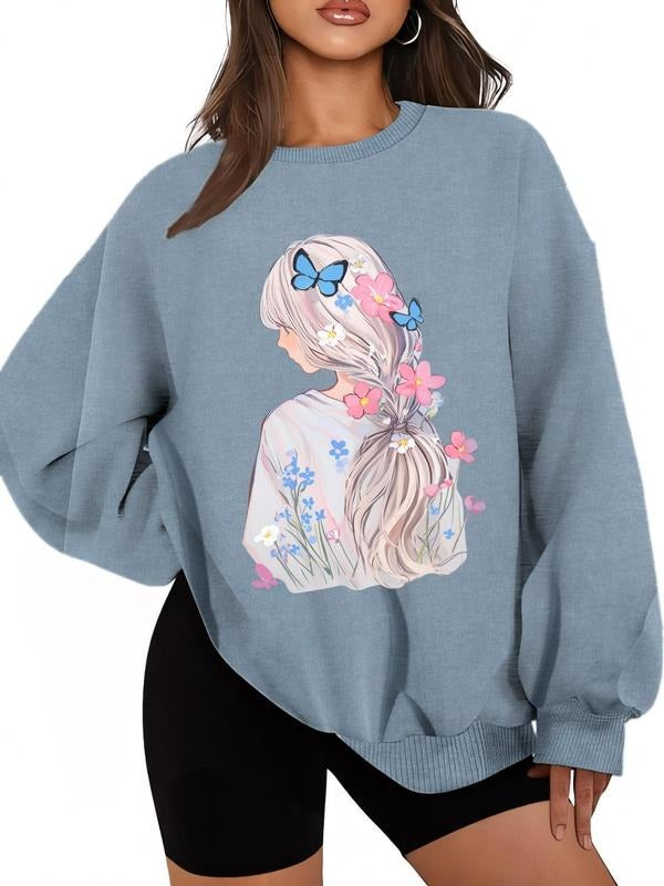 Women'WB shield Butterfly & Girl Print Drop Shoulder Sweatshirt, Casual Long Sleeve Round Neck Pullover for Daily Wear,...