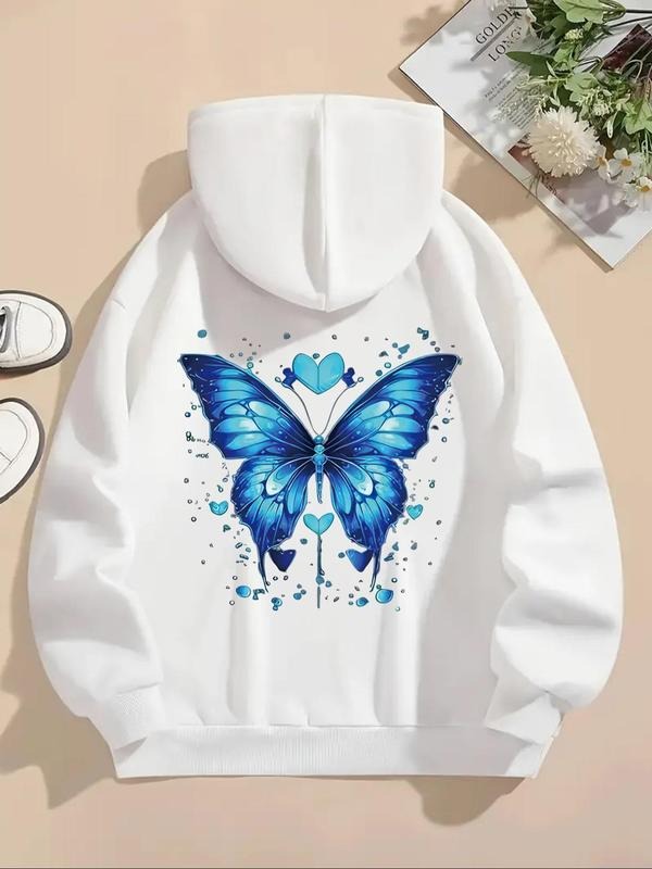 Women'WB shield Butterfly & Heart Print Drawstring Hoodie, Casual Long Sleeve Hooded Sweatshirt for Daily Wear, Ladies...